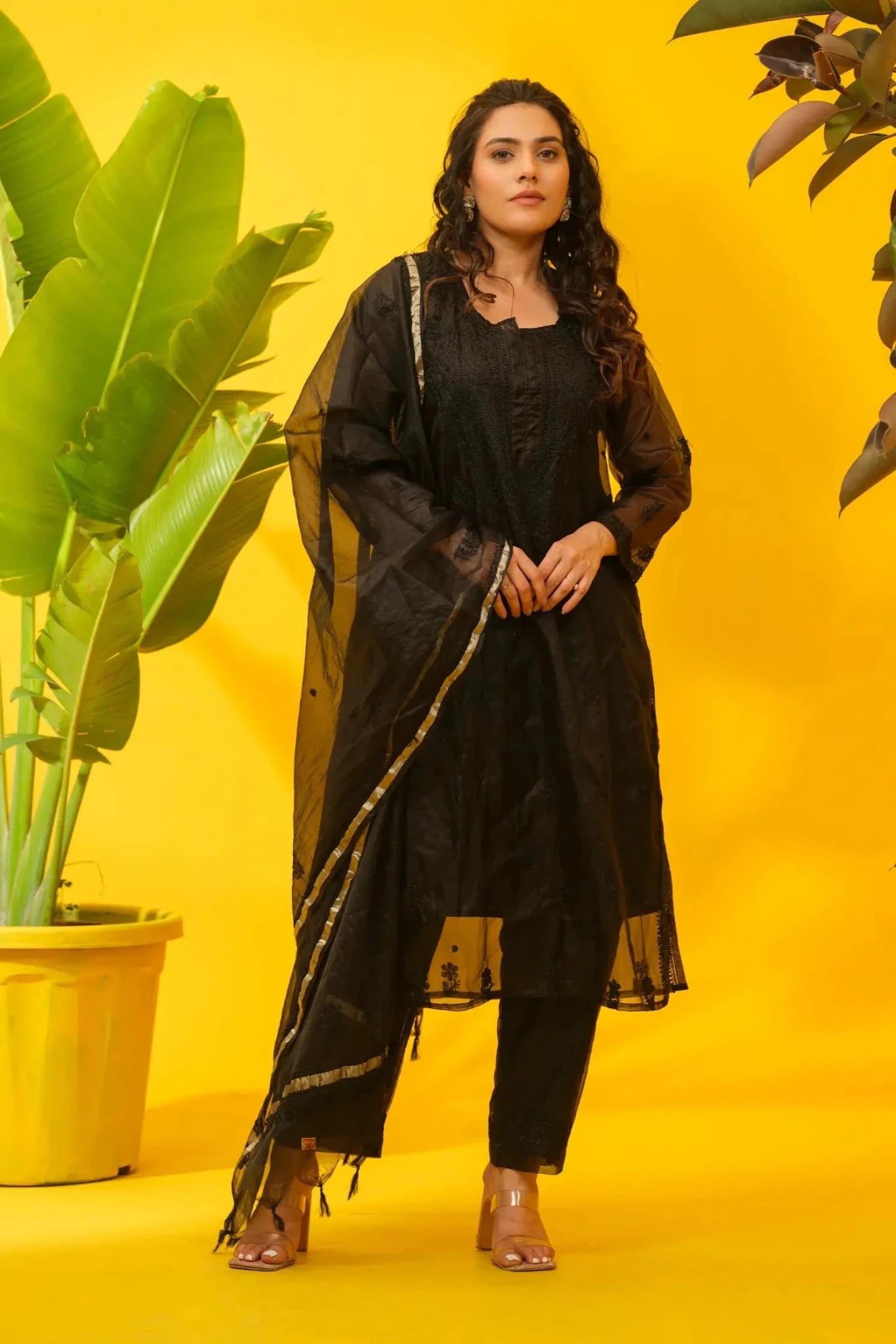 Organza Chikankari Suit Set with Bottom & Dupatta - The House of Indu
