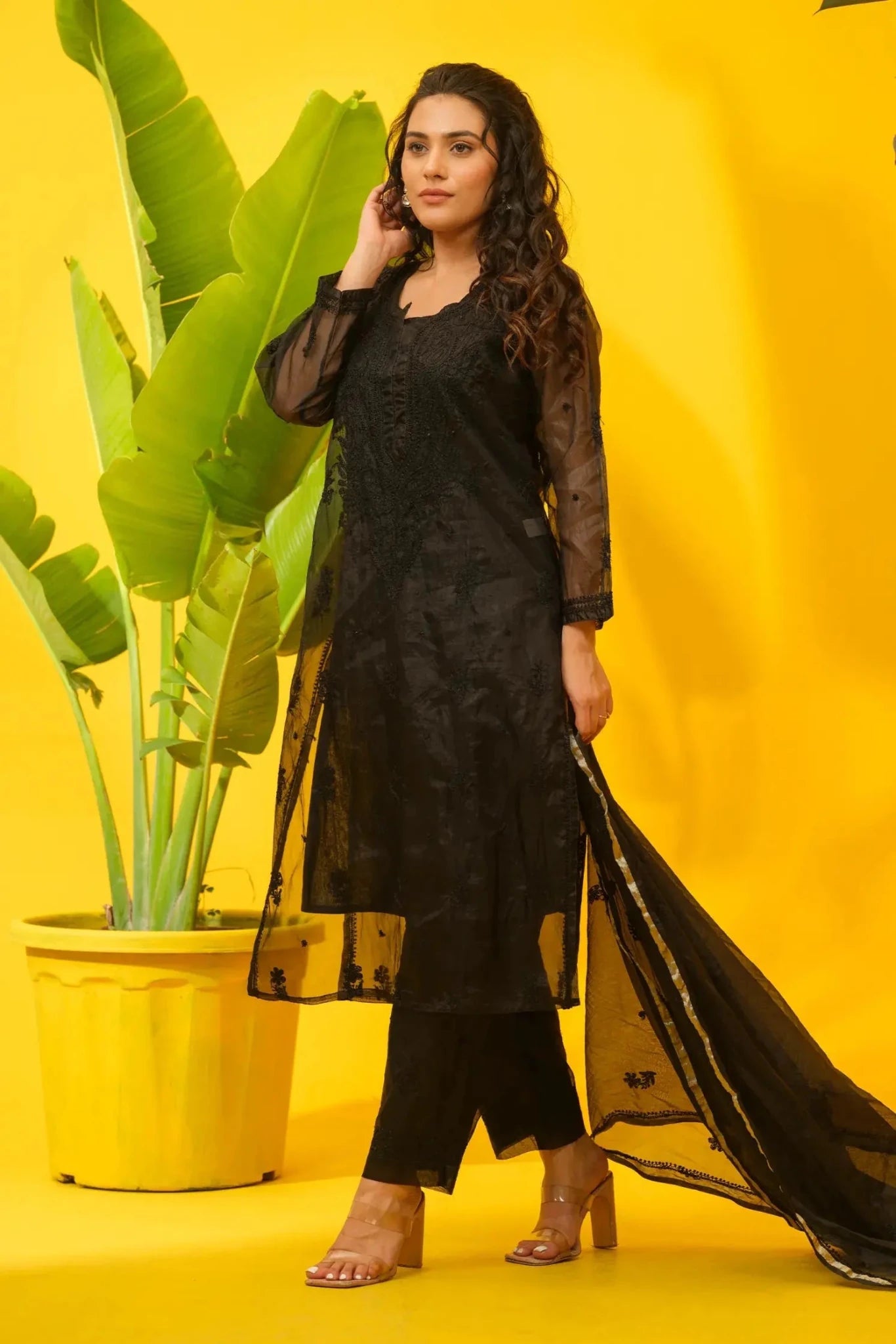Organza Chikankari Suit Set with Bottom & Dupatta - The House of Indu