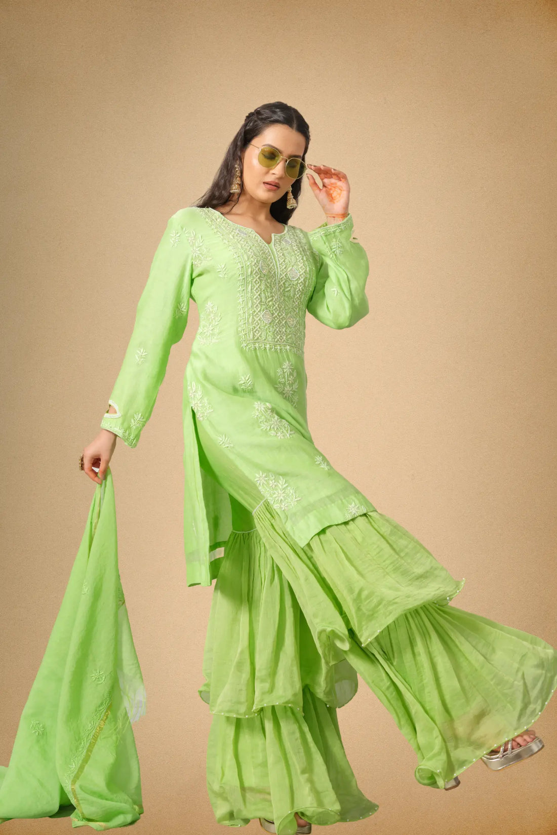 Parrot green mul chanderi sharara set with paisley embroidery front view