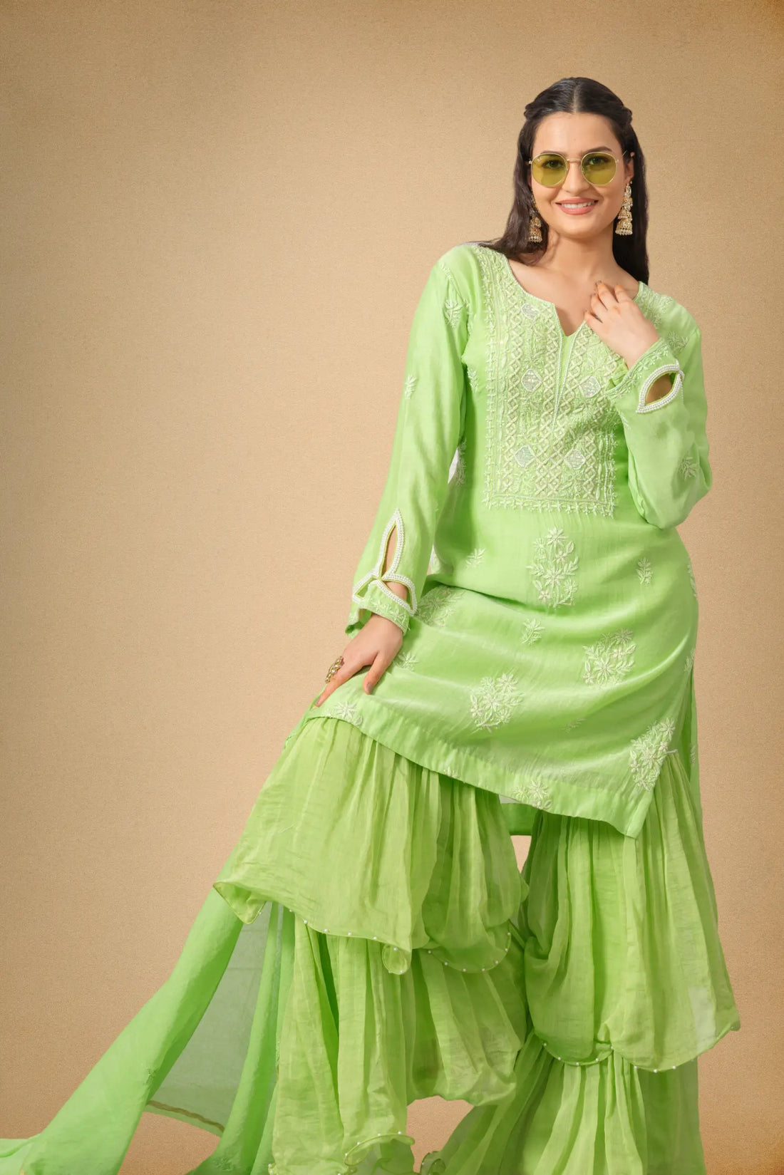 Parrot green mul chanderi sharara set with paisley embroidery front view