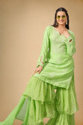 Parrot Green Mul Chanderi Sharara Set with Paisley Embroidery & Pearl Detailing - The House of Indu