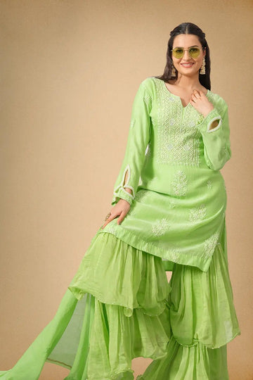 Parrot Green Mul Chanderi Sharara Set with Paisley Embroidery & Pearl Detailing - The House of Indu