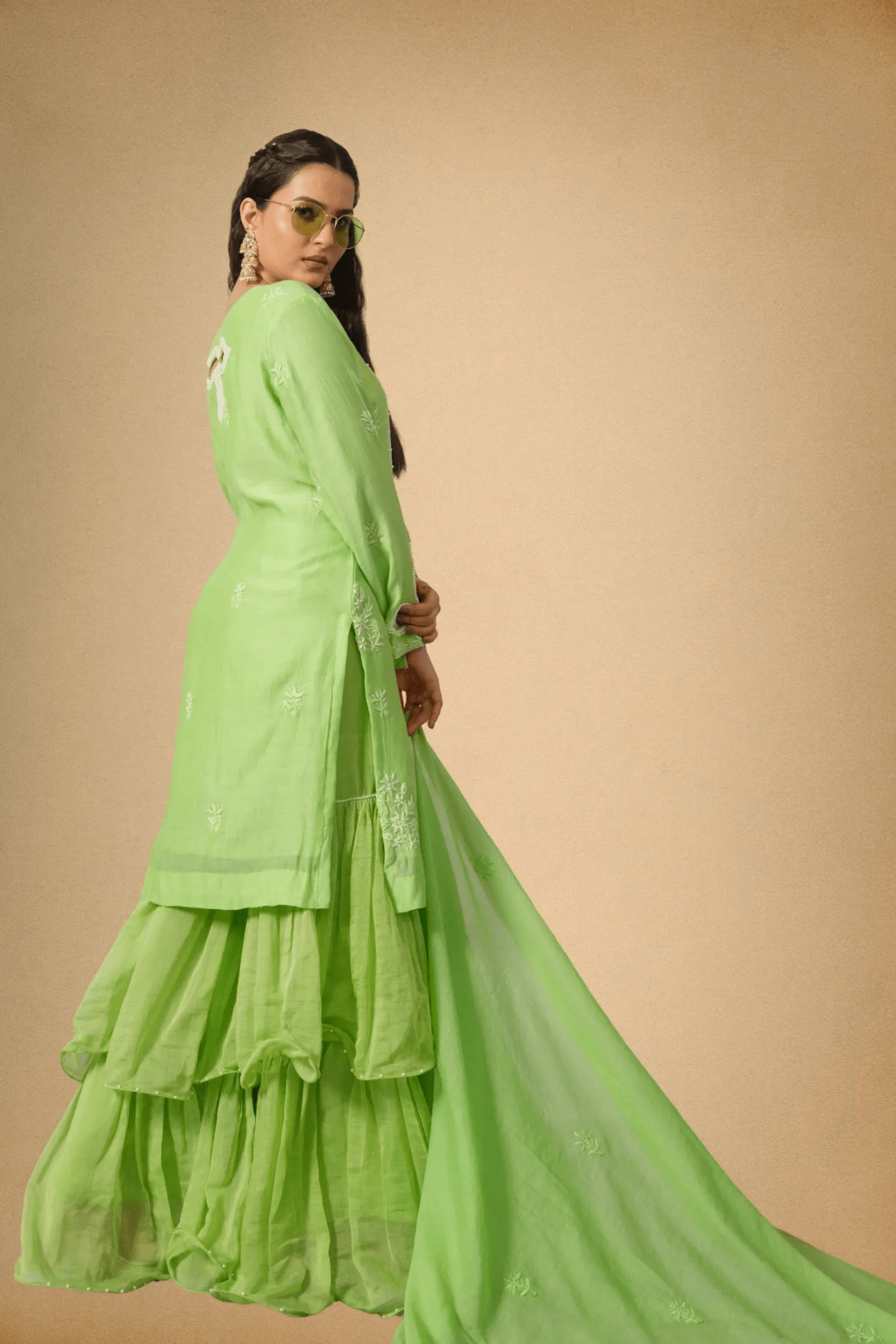 Parrot Green Mul Chanderi Sharara Set with Paisley Embroidery & Pearl Detailing - The House of Indu