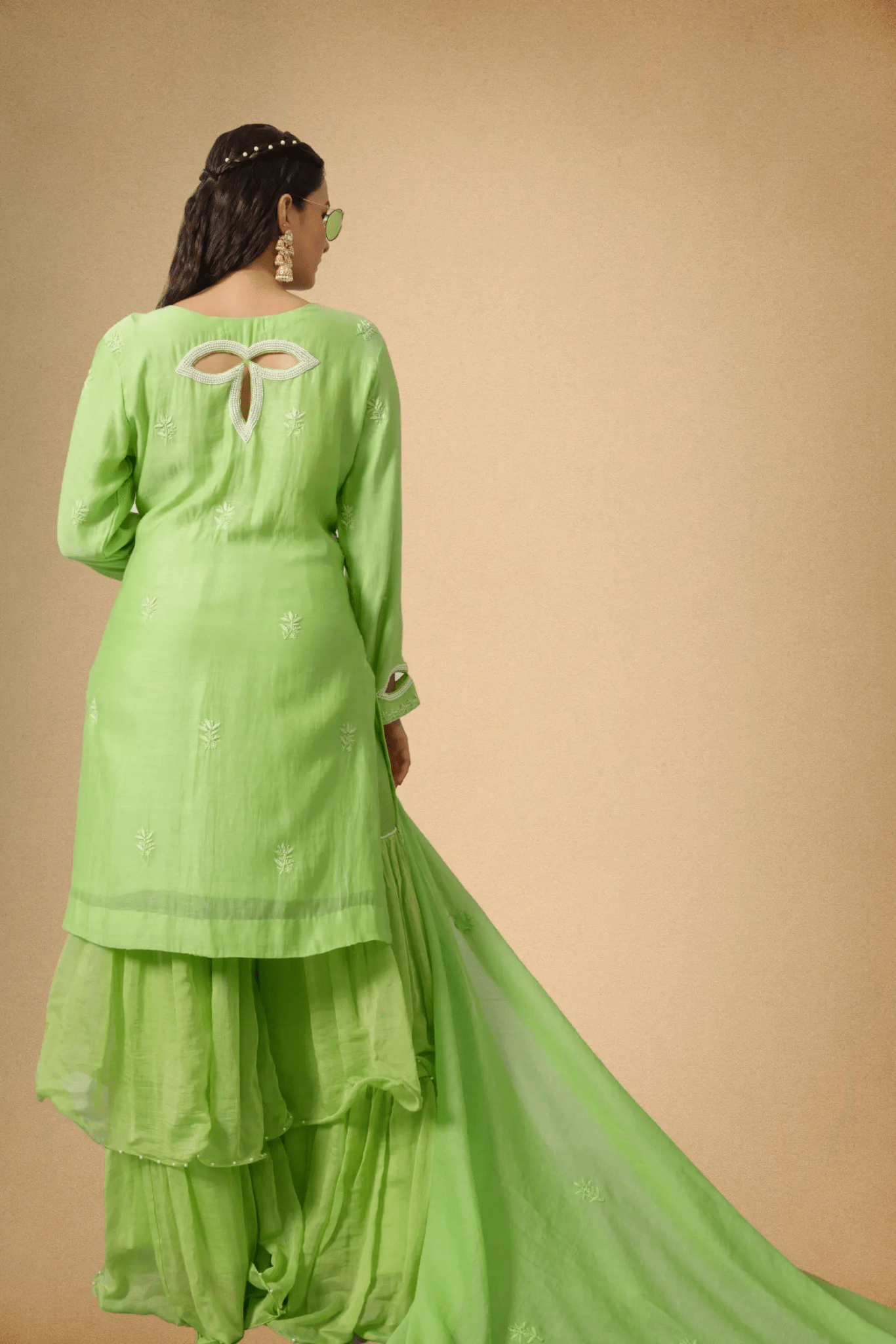 Parrot Green Mul Chanderi Sharara Set with Paisley Embroidery & Pearl Detailing - The House of Indu