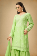 Parrot Green Mul Chanderi Sharara Set with Paisley Embroidery & Pearl Detailing - The House of Indu