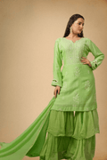 Parrot Green Mul Chanderi Sharara Set with Paisley Embroidery & Pearl Detailing - The House of Indu