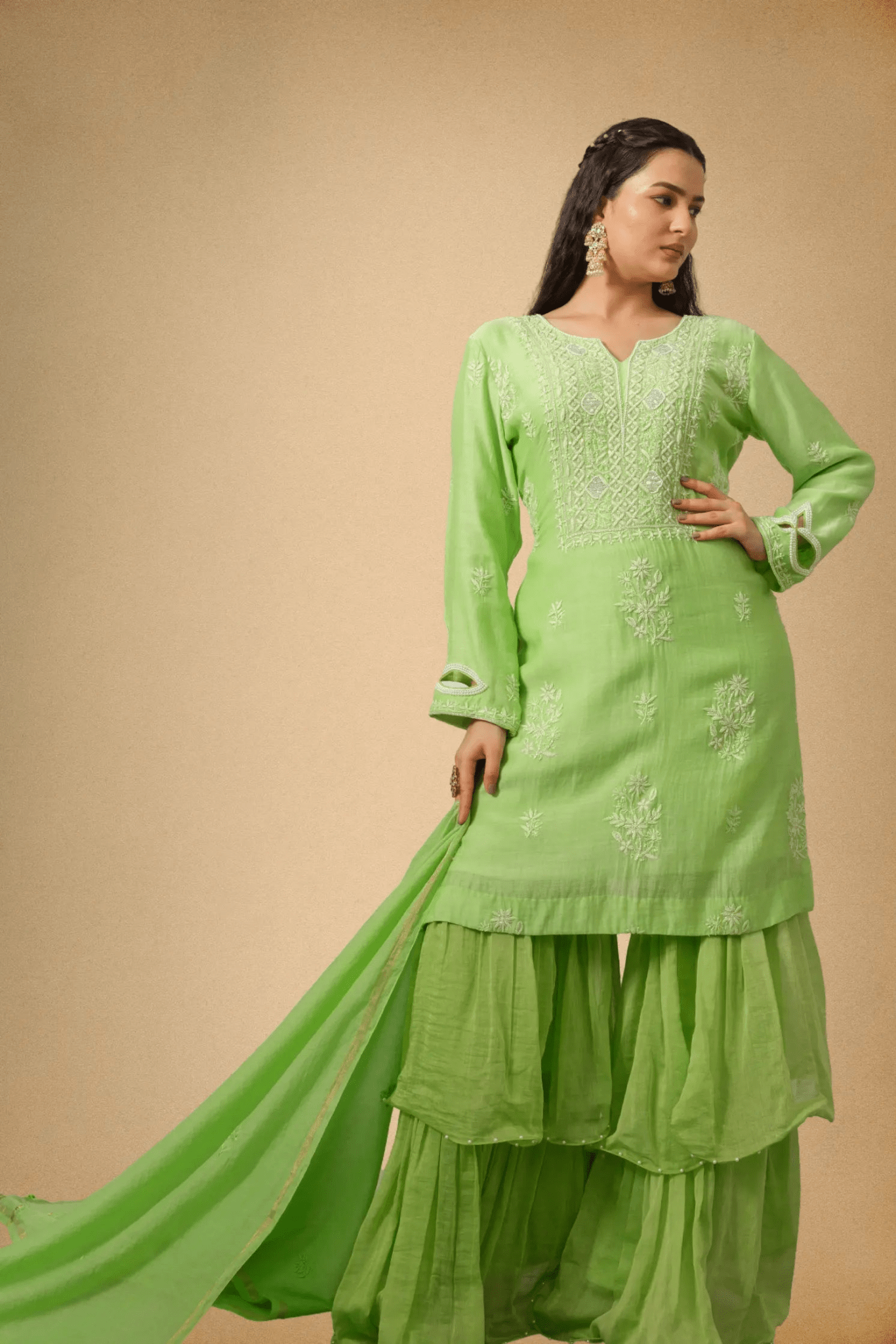 Parrot Green Mul Chanderi Sharara Set with Paisley Embroidery & Pearl Detailing - The House of Indu