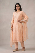 Peach Chikankari Organza Kurta with Dupatta Set for Women - The House of Indu