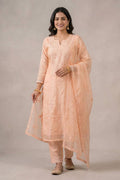 Peach Chikankari Organza Kurta with Dupatta Set for Women - The House of Indu