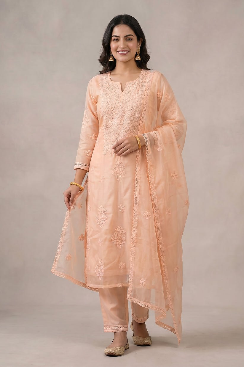 Peach Chikankari Organza Kurta with Dupatta Set for Women - The House of Indu