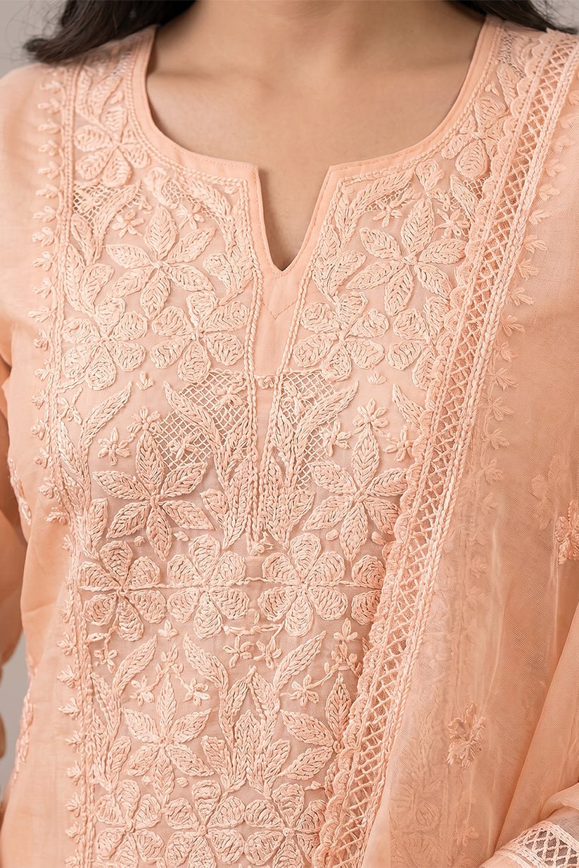 Peach Chikankari Organza Kurta with Dupatta Set for Women - The House of Indu