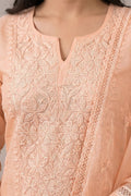 Peach Chikankari Organza Kurta with Dupatta Set for Women - The House of Indu