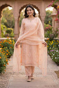 Peach Chikankari Organza Kurta with Dupatta Set for Women - The House of Indu