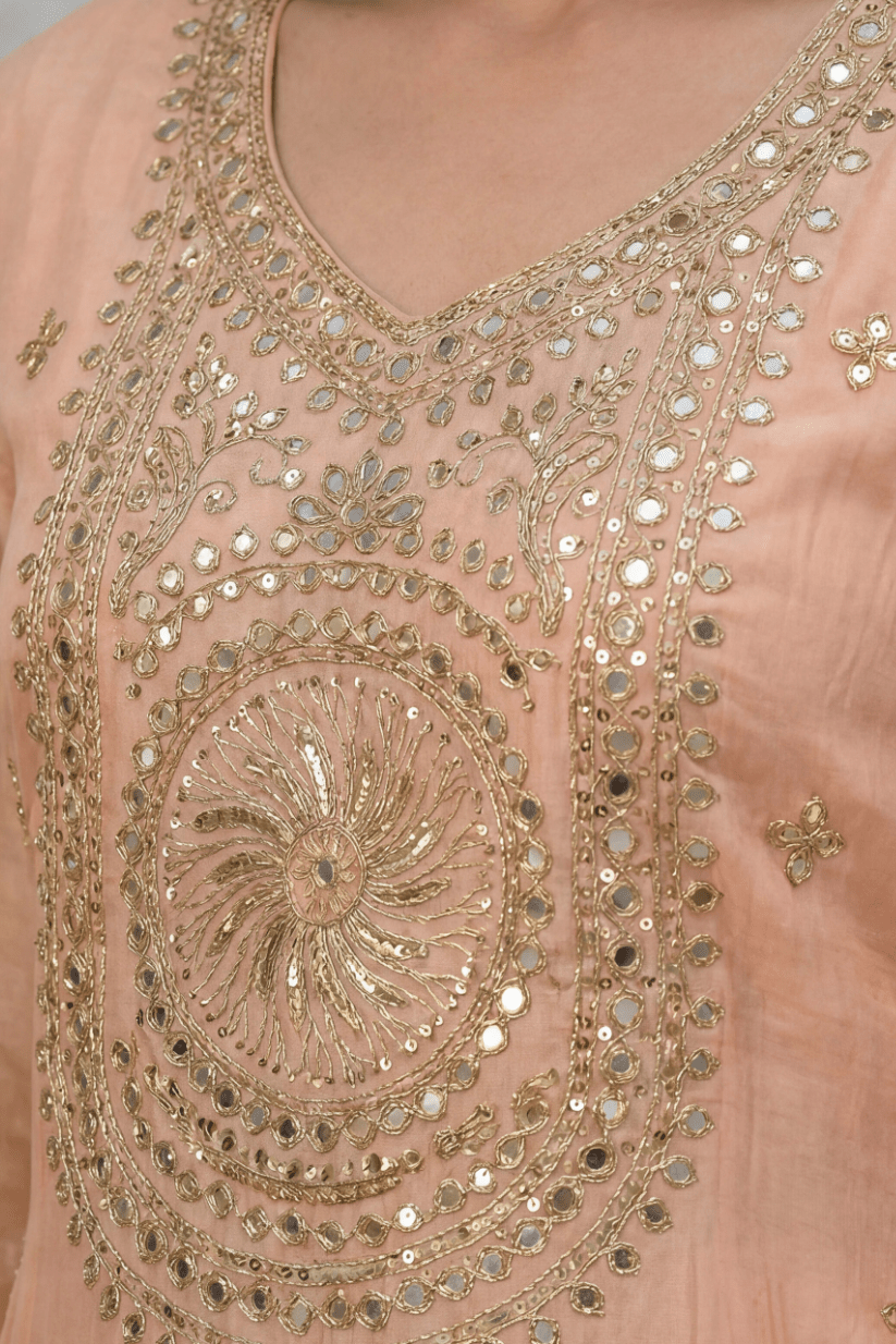 Peach Embroidered Kurta Palazzo Set with Dupatta for Women - The House of Indu