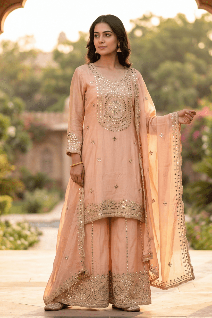 Peach Embroidered Kurta Palazzo Set with Dupatta for Women - The House of Indu