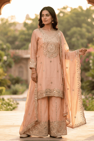 Peach Embroidered Kurta Palazzo Set with Dupatta for Women - The House of Indu