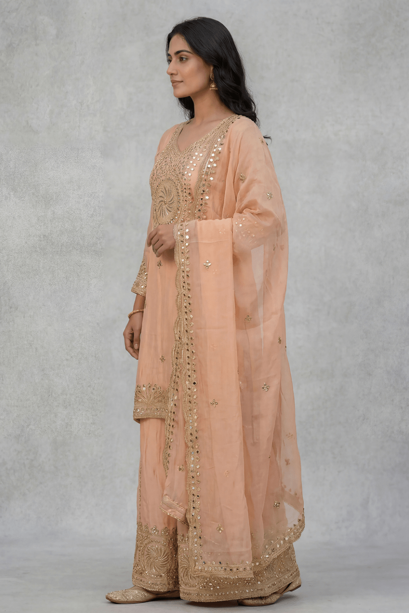 Peach Embroidered Kurta Palazzo Set with Dupatta for Women - The House of Indu