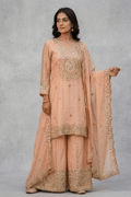 Peach Embroidered Kurta Palazzo Set with Dupatta for Women - The House of Indu