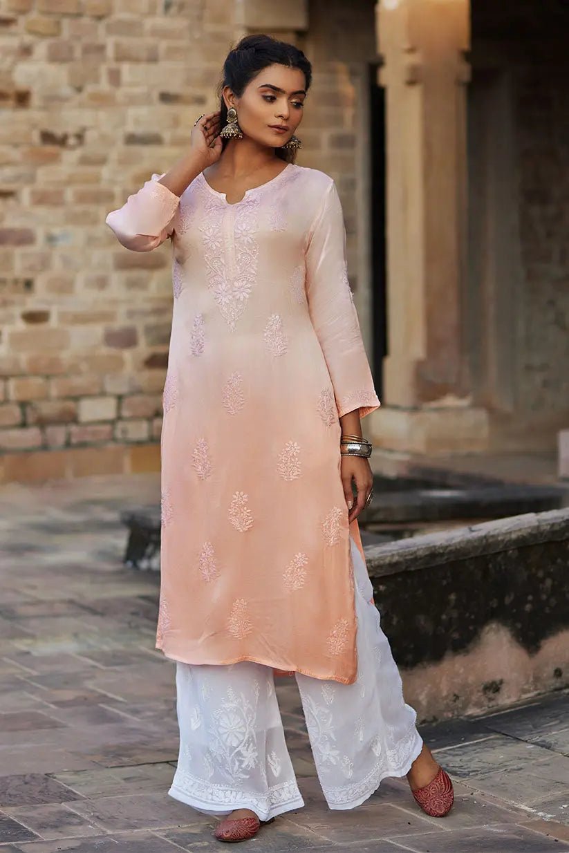 Peach Ombre Chikankari Straight Kurti for Women | Elegant Ethnic Wear Online - The House of Indu