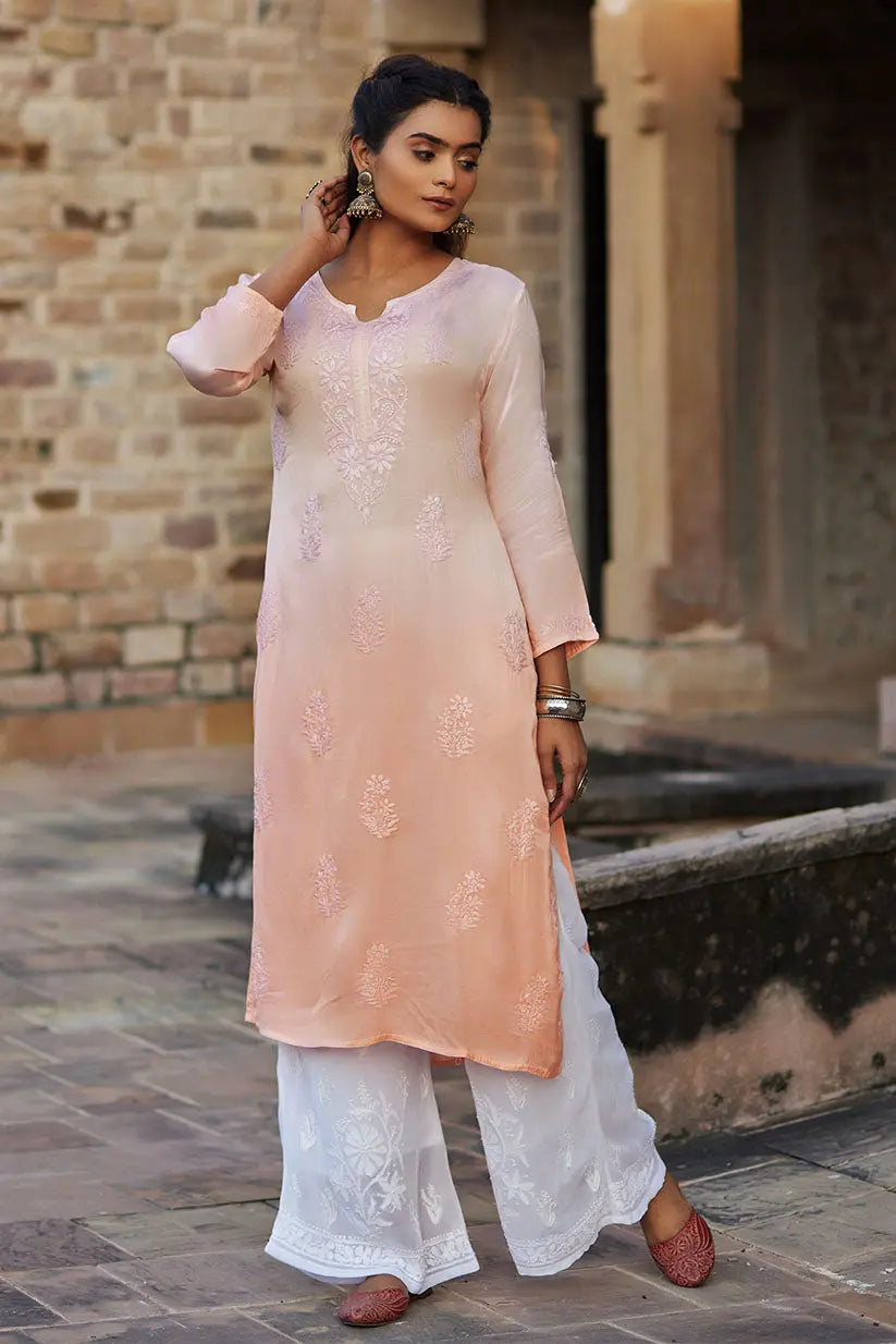 Peach ombre Chikankari straight kurti for women front view
