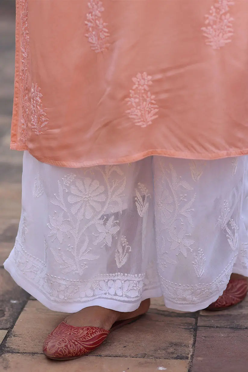 Peach ombre Chikankari straight kurti for women front view