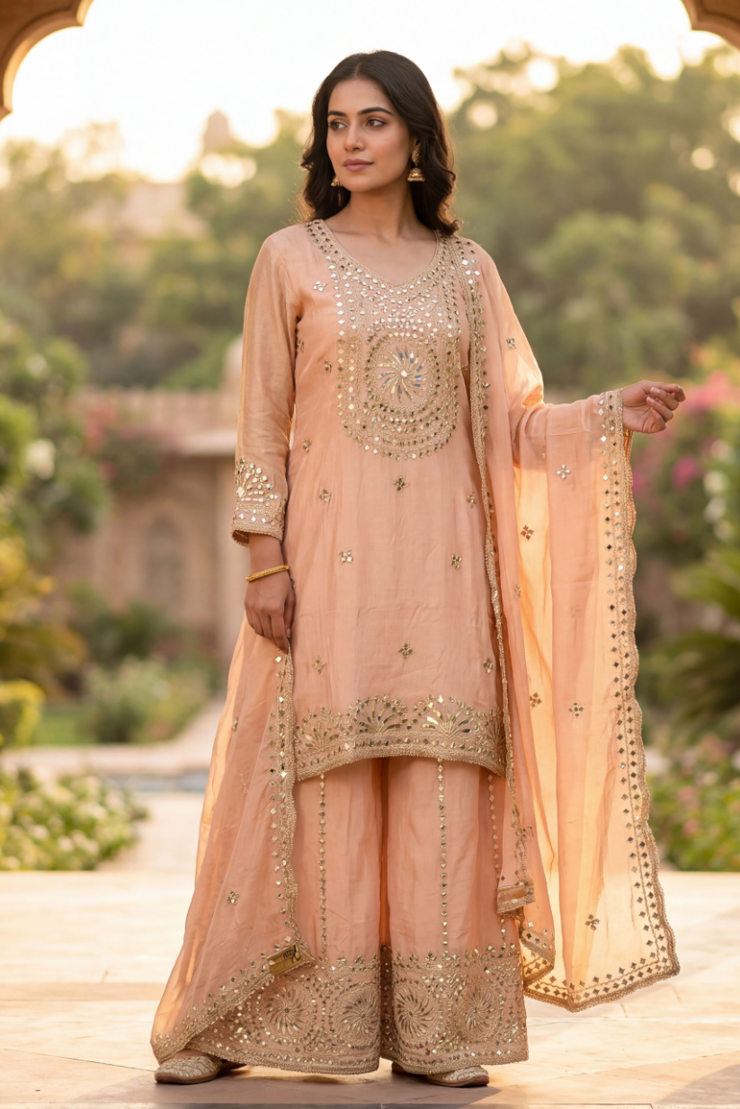 Women peach embroidered kurta palazzo set with dupatta front view