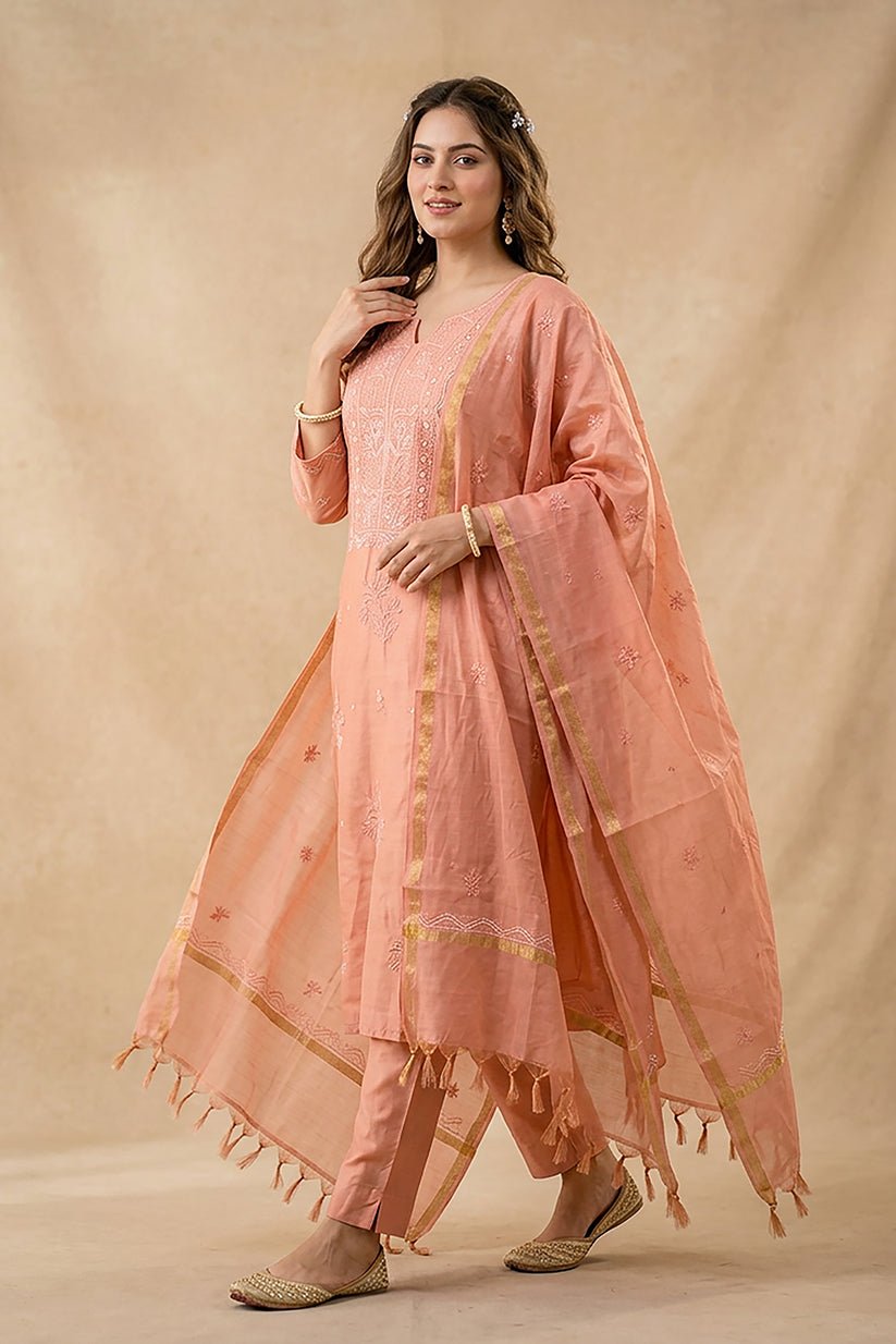 Peach Pearl Work Tissue Kurta with Dupatta for Women - The House of Indu