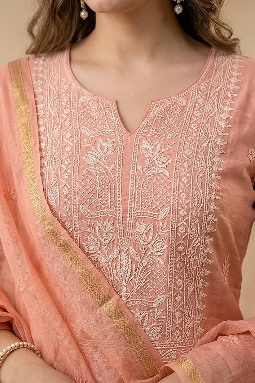 Peach Pearl Work Tissue Kurta with Dupatta for Women - The House of Indu