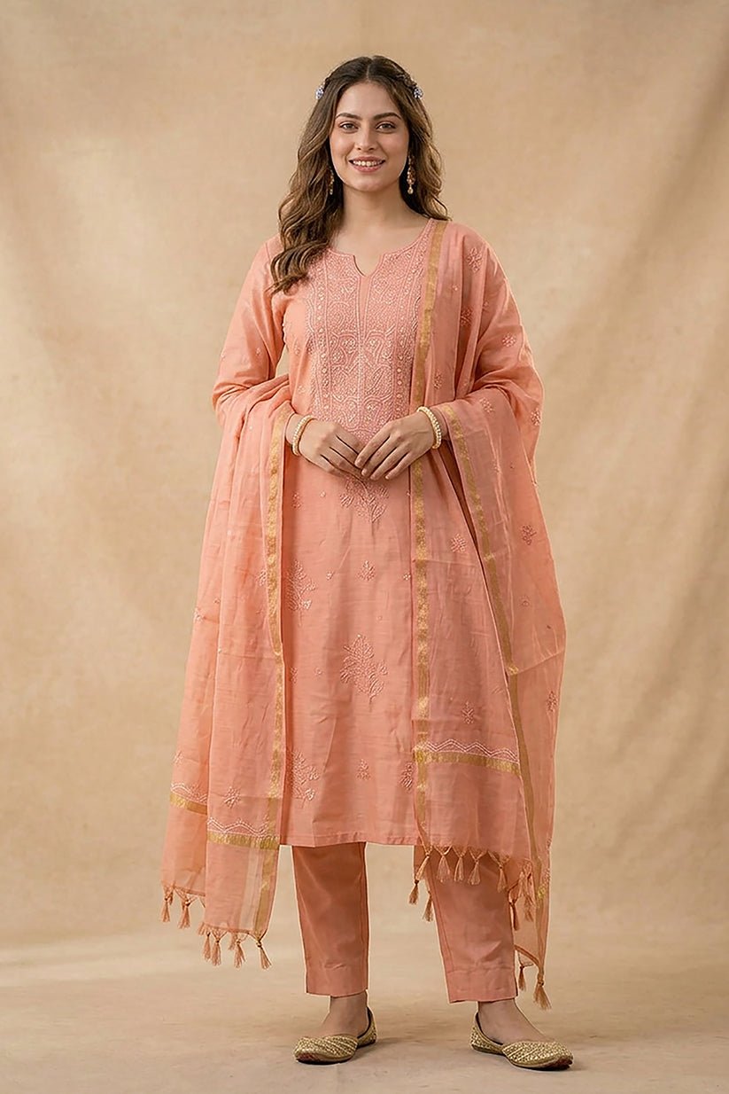 Peach Pearl Work Tissue Kurta with Dupatta for Women - The House of Indu