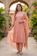 Peach Pearl Work Tissue Kurta with Dupatta for Women - The House of Indu