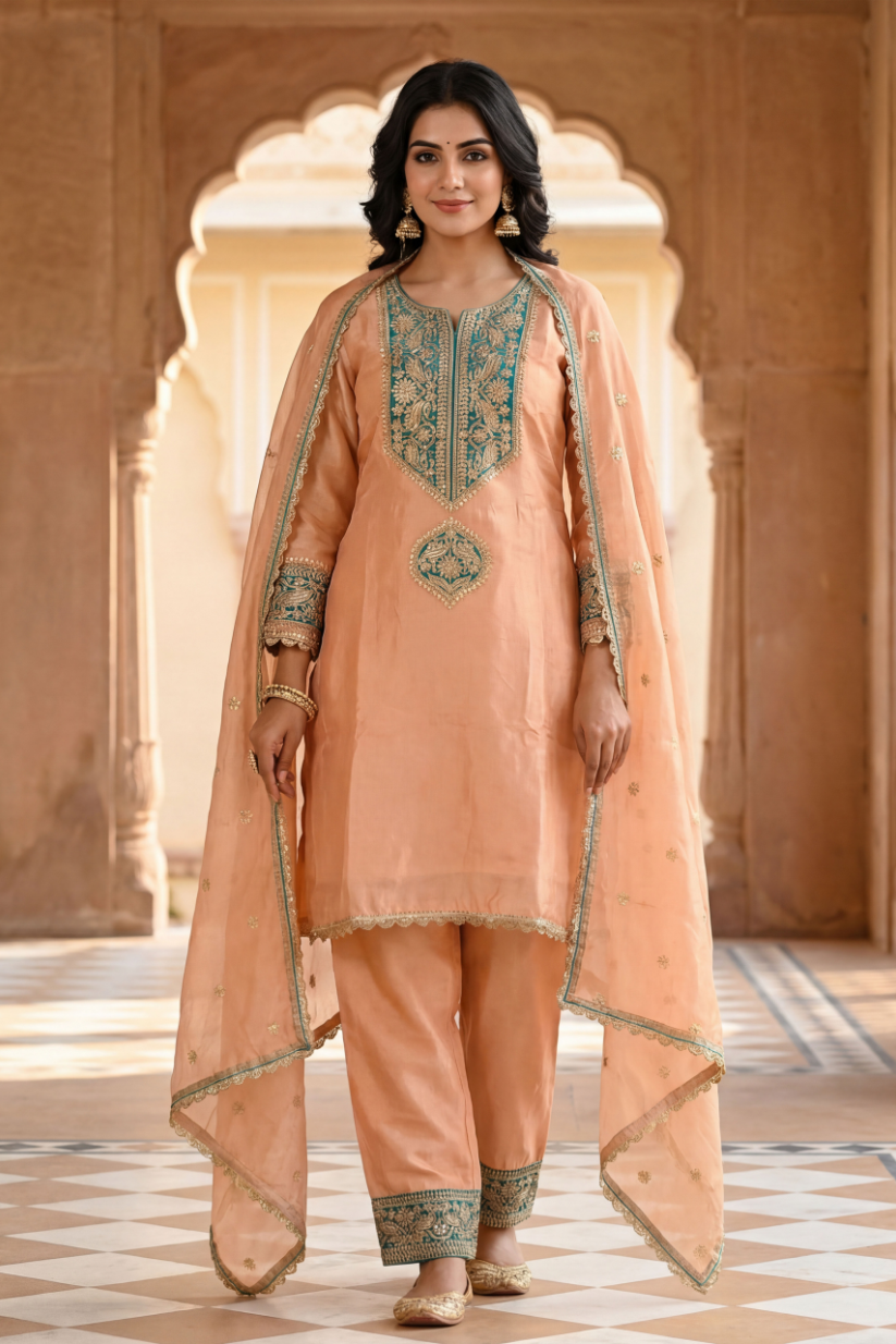 Women peach teal embroidered kurta pant set with dupatta front view