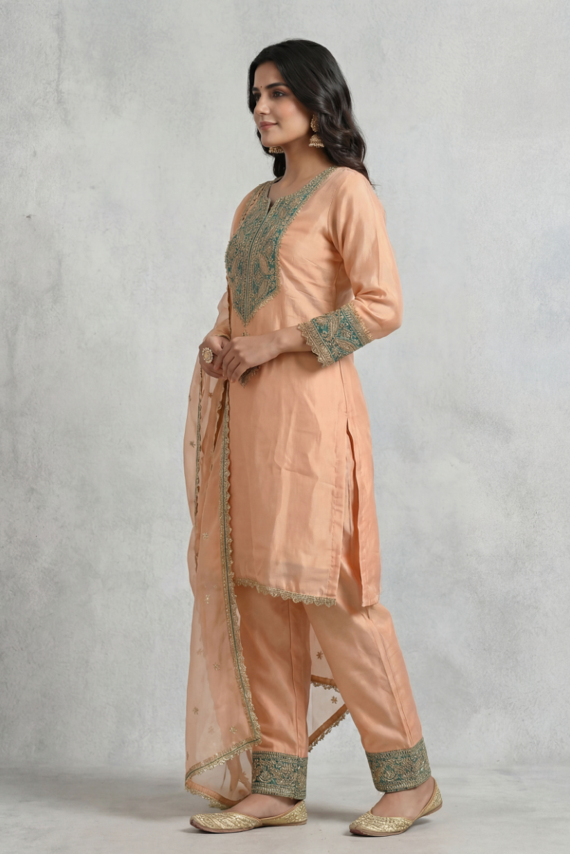 Side view of peach teal embroidered kurta pant set for women