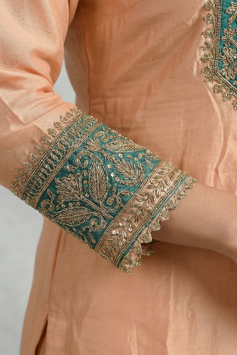 Embroidered sleeve detailing on peach teal festive kurta