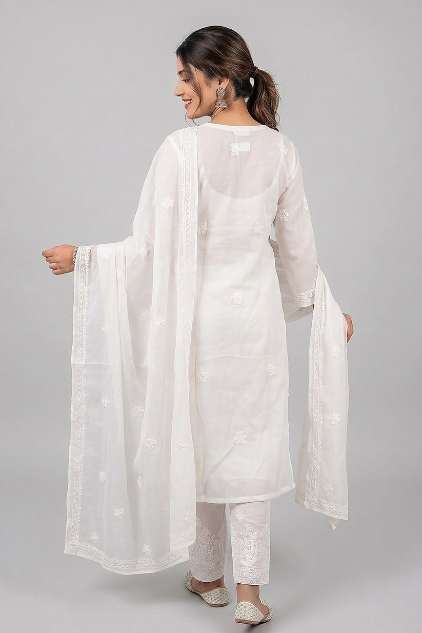 Pearl White Chikankari Organza Kurta with Dupatta for Women - The House of Indu