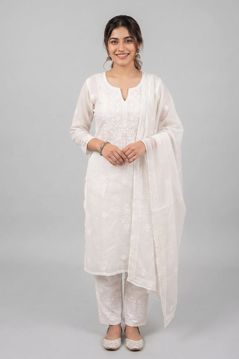 Pearl White Chikankari Organza Kurta with Dupatta for Women - The House of Indu