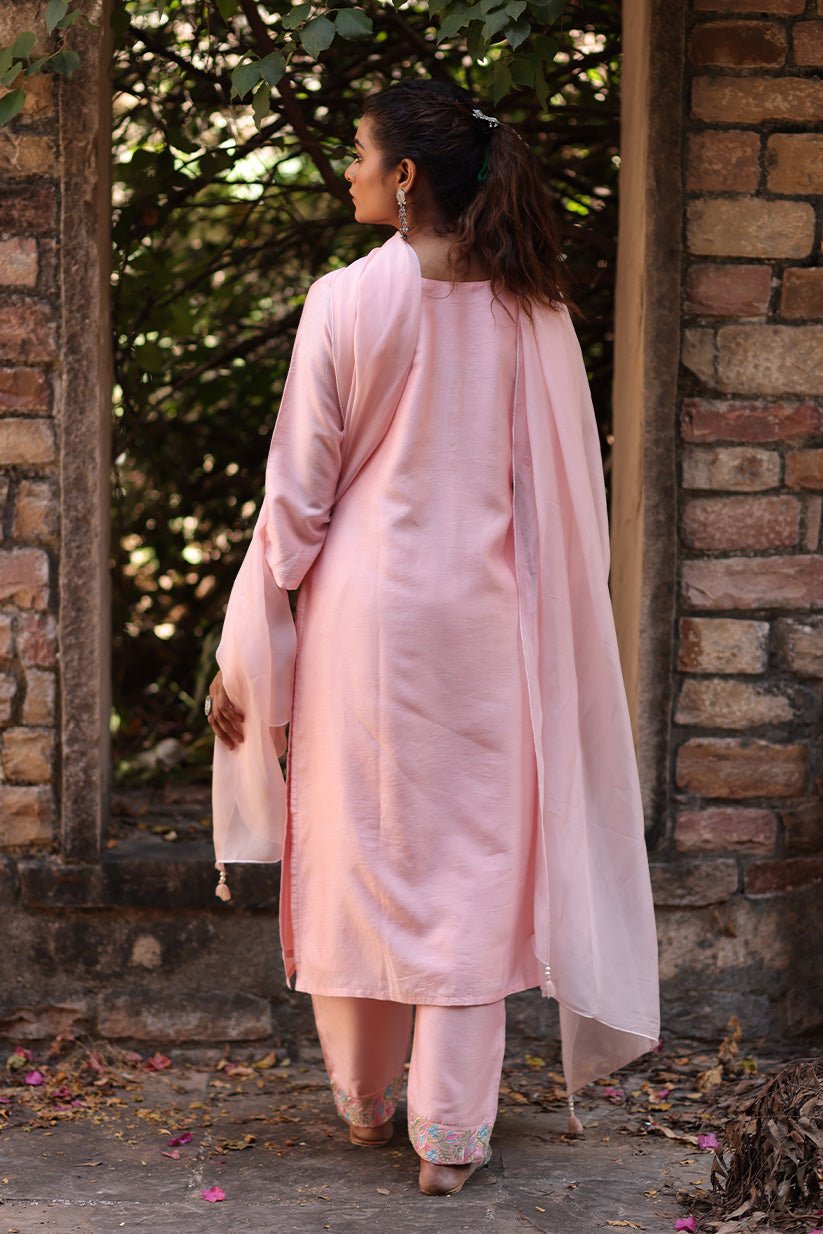 Pink Chanderi Embroidered Kurta with Pant & Dupatta - The House of Indu