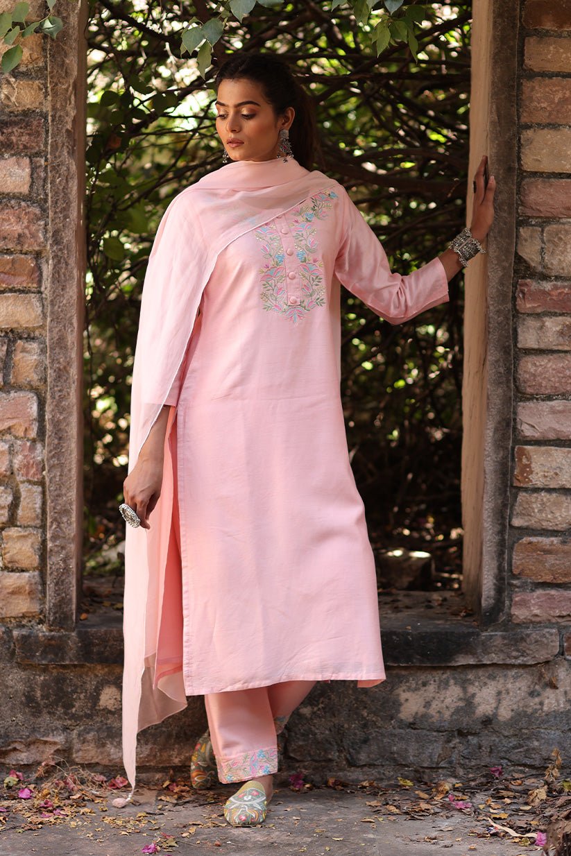 Pink Chanderi Embroidered Kurta with Pant & Dupatta - The House of Indu