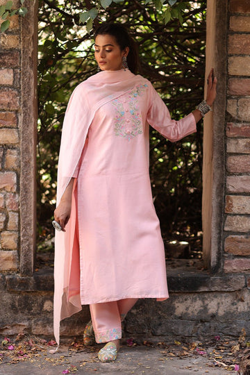 Pink Chanderi Embroidered Kurta with Pant & Dupatta - The House of Indu