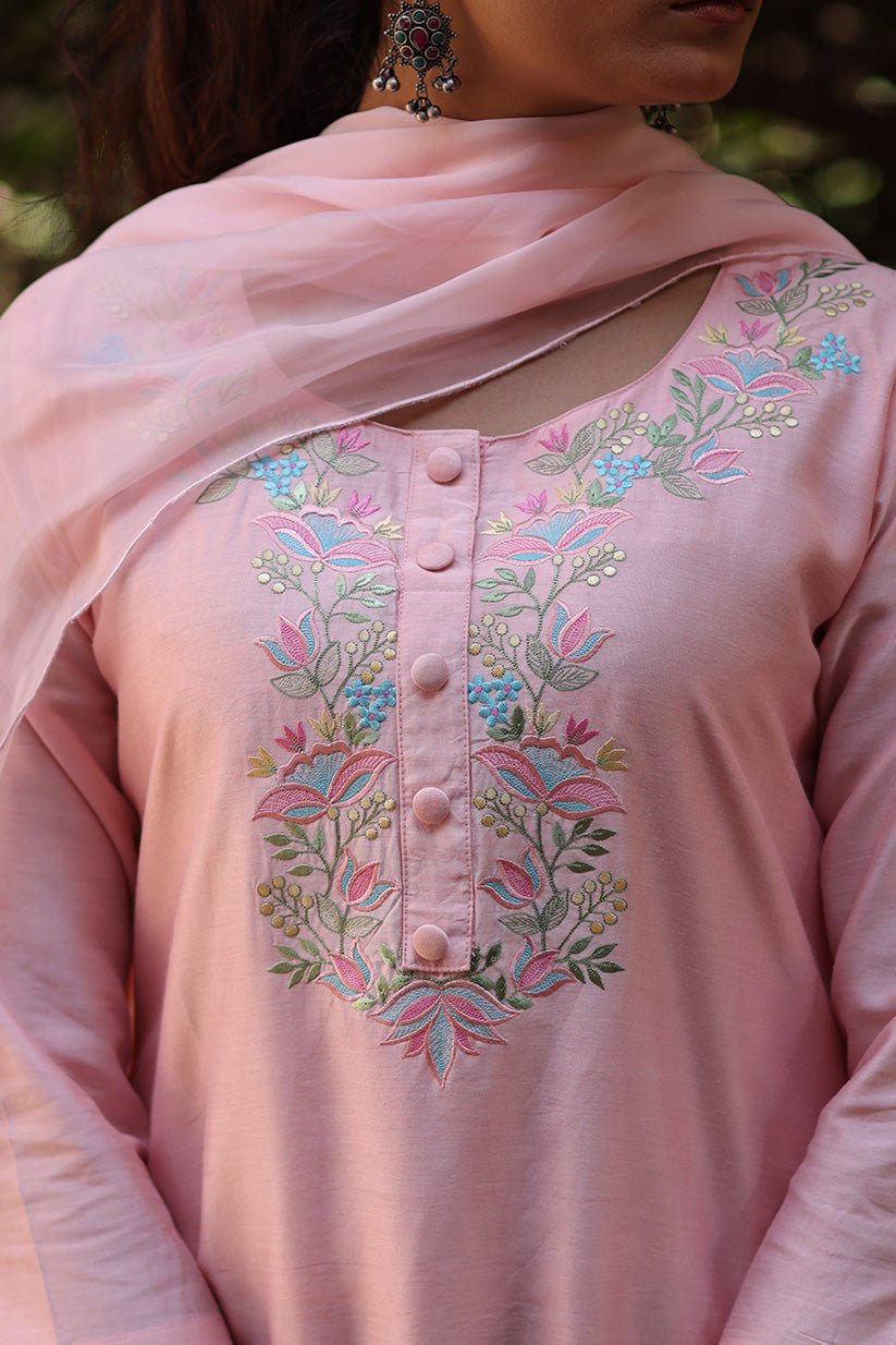 Pink Chanderi Embroidered Kurta with Pant & Dupatta - The House of Indu