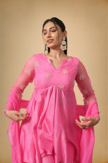 Women pink Chanderi kurti and sharara set front view