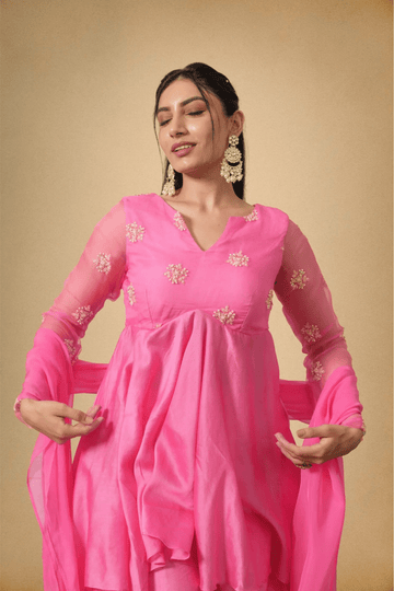 Pink Chanderi Kurti Sharara Set for Festive & Wedding Wear Women - The House of Indu