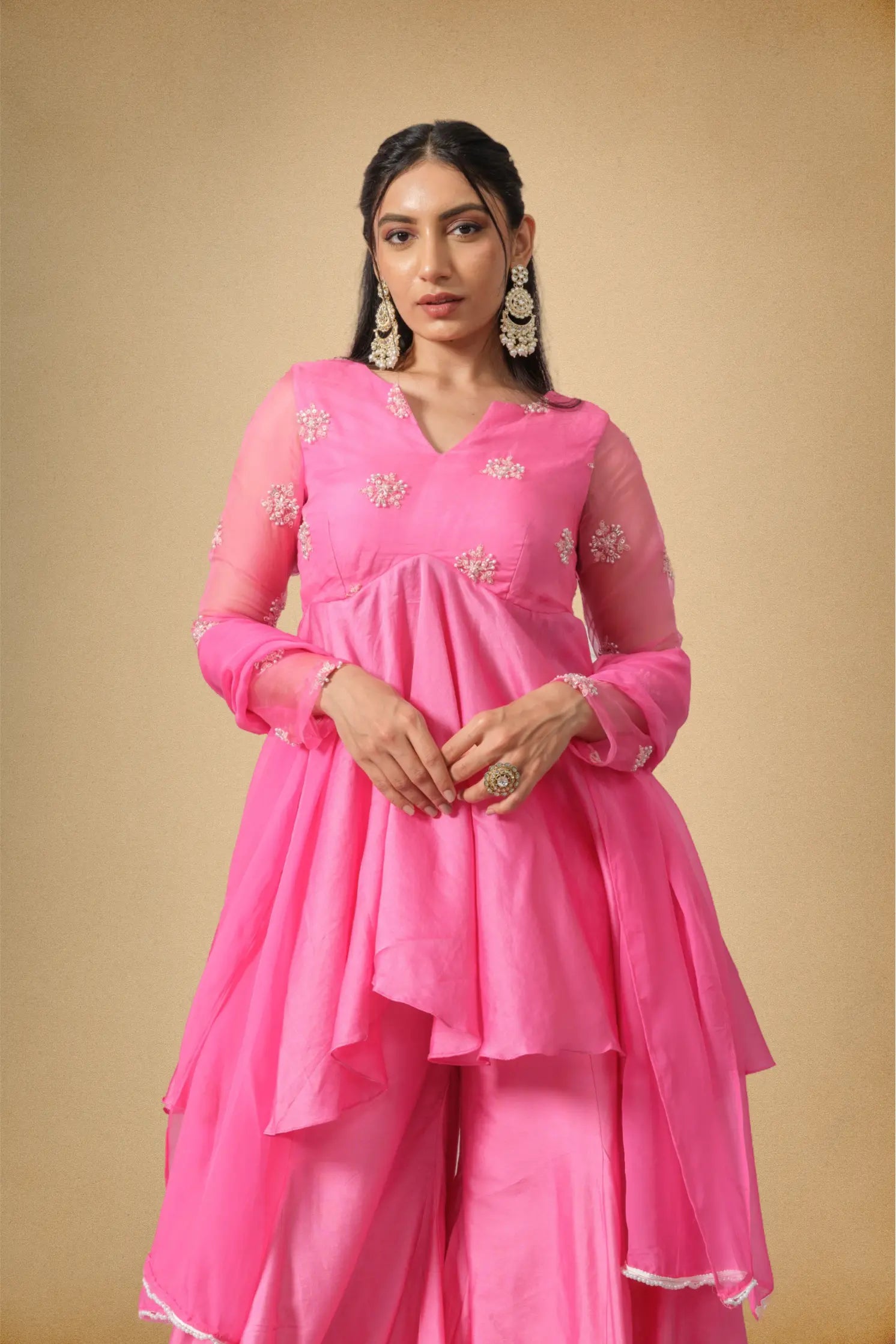 Full look of pink Chanderi kurti sharara set for women