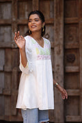 Pink Chanderi Short Kurti with Mirror Work & Embroidery - The House of Indu