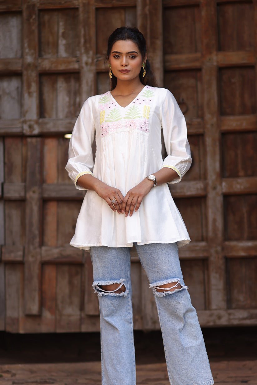 Pink Chanderi Short Kurti with Mirror Work & Embroidery - The House of Indu