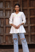 Pink Chanderi Short Kurti with Mirror Work & Embroidery - The House of Indu