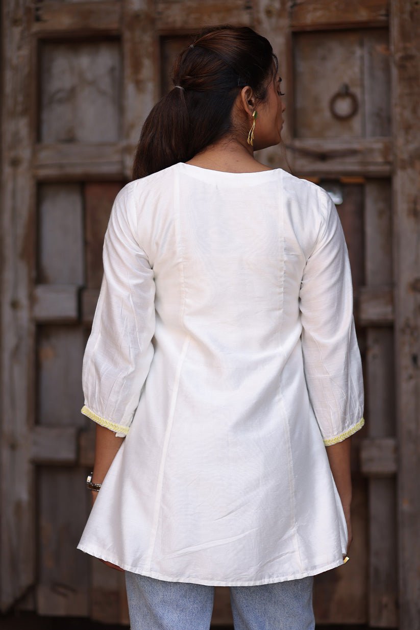 Pink Chanderi Short Kurti with Mirror Work & Embroidery - The House of Indu