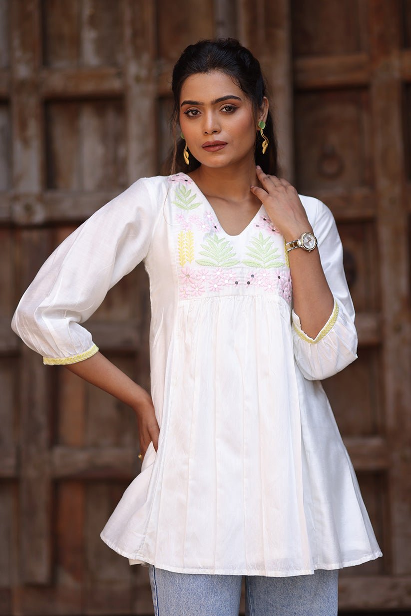 Pink Chanderi Short Kurti with Mirror Work & Embroidery - The House of Indu