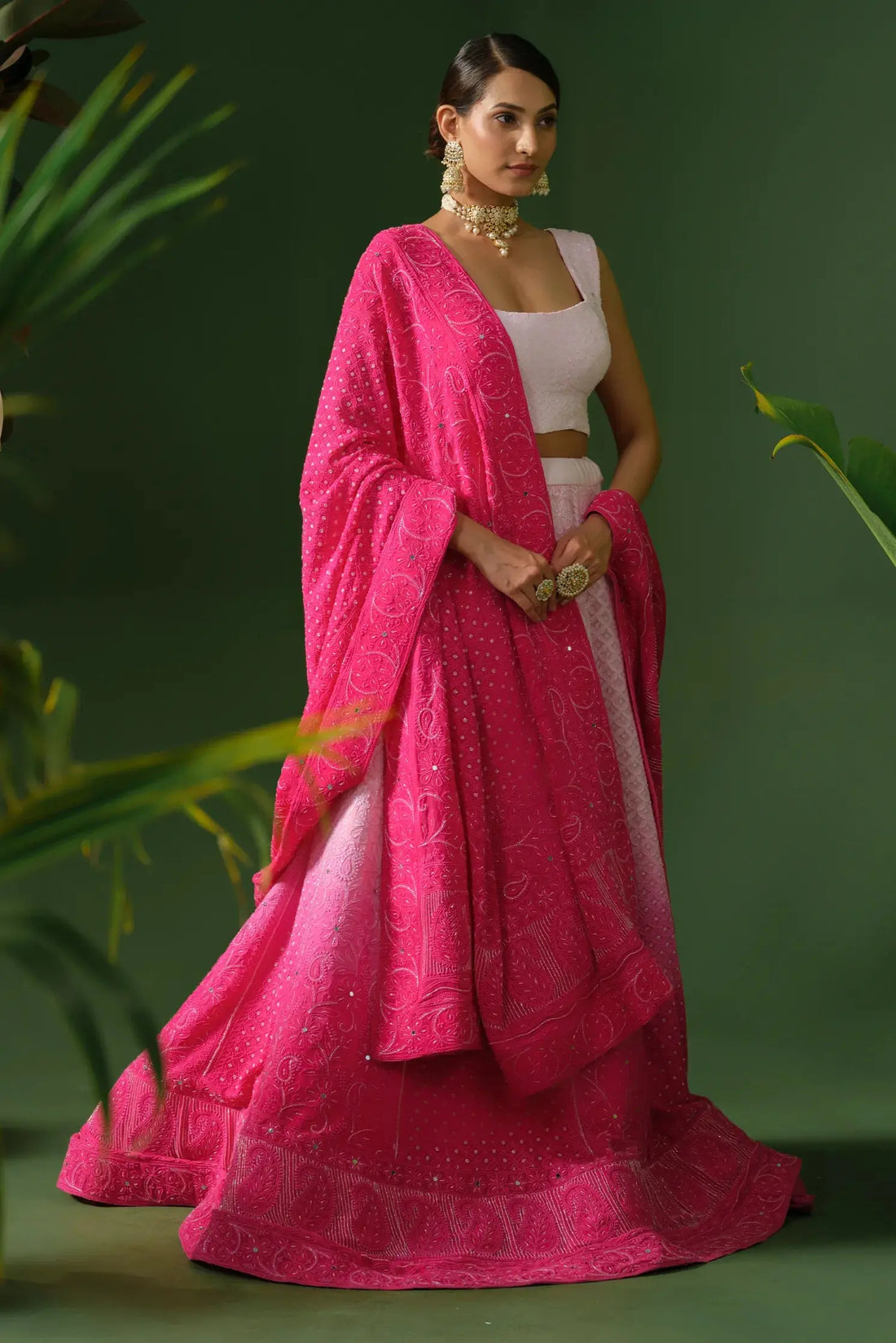 Pink chikankari georgette ombre lehenga with dupatta front view