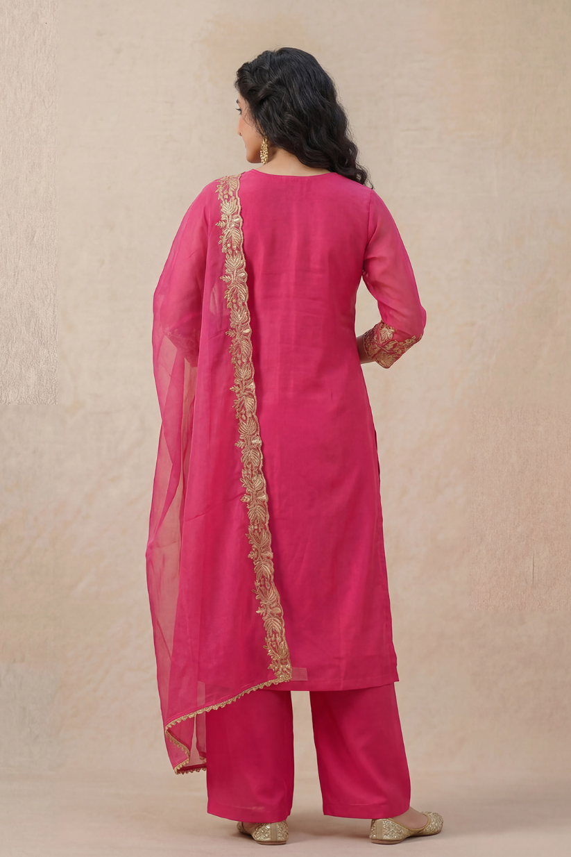 Back view of pink embroidered kurta set with dupatta for women