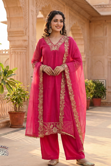 Woman wearing pink embroidered kurta set with dupatta and straight pants for festive ethnic wear